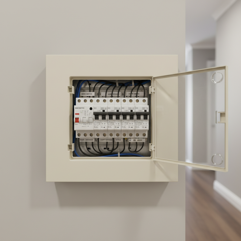 A residential electrical switchboard typically found in Australia, featuring circuit breakers, safety switches (RCDs), neatly labeled, and mounted inside a standard household interior setting. Emphasize clarity and a modern, safe installation.