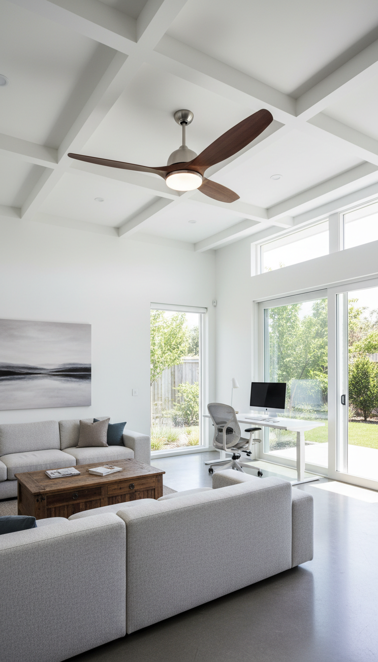 A modern ceiling fan suitable for Australian homes and businesses, shown in an indoor setting.